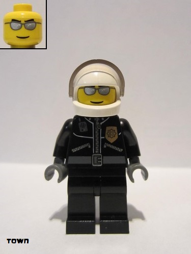 lego 2011 mini figurine cty0027a Police City Leather Jacket with Gold Badge and 'POLICE' on Back, White Helmet, Trans-Black Visor, Silver Sunglasses 