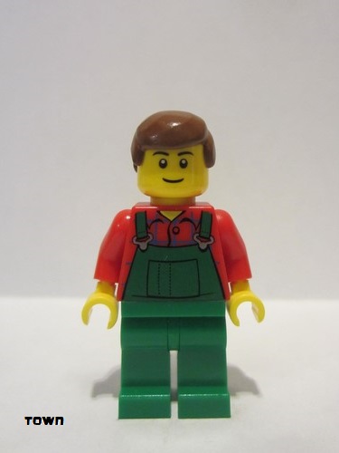 lego 2011 mini figurine cty0058a Farmer Overalls Farmer Green, Reddish Brown Male Hair, Black Eyebrows 