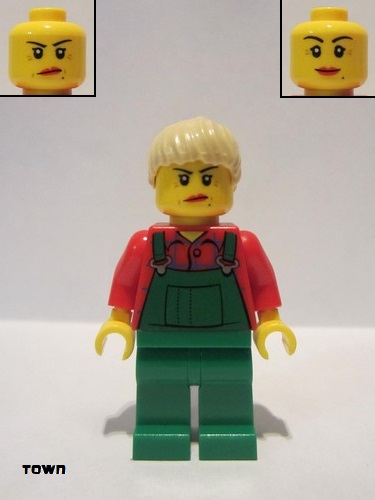 lego 2011 mini figurine cty0059 Farmer Overalls Farmer Green, Tan Ponytail Hair 
