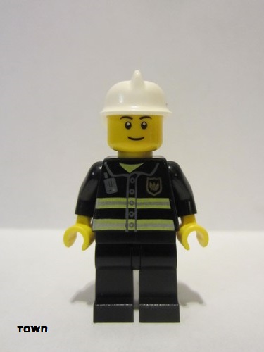 lego 2011 mini figurine cty0090a Fire Reflective Stripes, Black Legs, White Fire Helmet, Black Eyebrows, Thin Grin, Yellow Hands 