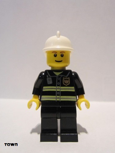lego 2011 mini figurine cty0090b Fire Reflective Stripes, Black Legs, White Fire Helmet, Brown Eyebrows, Thin Grin, Yellow Hands 