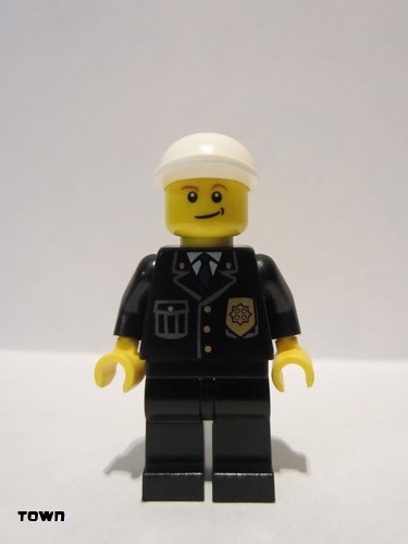 lego 2011 mini figurine cty0199 Police City Suit with Blue Tie and Badge, Black Legs, White Short Bill Cap, Crooked Smile 