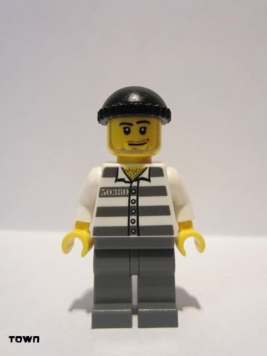 lego 2011 mini figurine cty0200 Police - Jail Prisoner 50380 Prison Stripes, Dark Bluish Gray Legs, Black Knit Cap, Smirk and Stubble Beard 