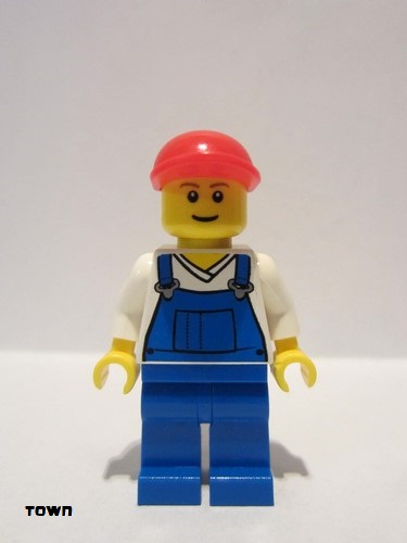 lego 2011 mini figurine cty0202 Citizen Overalls Blue over V-Neck Shirt, Blue Legs, Red Short Bill Cap 