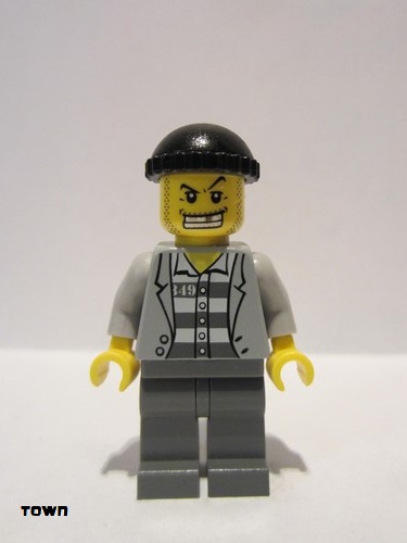 lego 2011 mini figurine cty0206 Police - Jail Prisoner Jacket over Prison Stripes, Dark Bluish Gray Legs, Black Knit Cap, Gold Tooth 