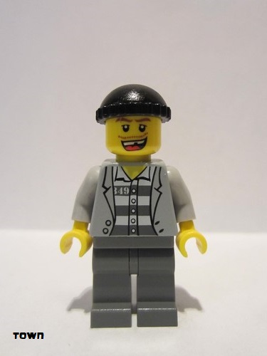 lego 2011 mini figurine cty0208 Police - Jail Prisoner Jacket over Prison Stripes, Dark Bluish Gray Legs, Black Knit Cap, Missing Tooth 