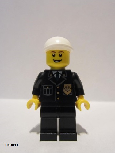 lego 2011 mini figurine cty0210 Police City Suit with Blue Tie and Badge, Black Legs, White Short Bill Cap, Open Grin 