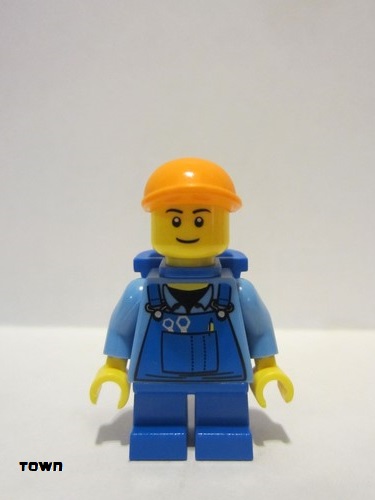 lego 2011 mini figurine cty0214a Citizen Overalls with Tools in Pocket Blue, Orange Short Bill Cap, Blue Short Legs, D-Basket, Black Eyebrows 