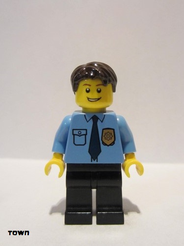 lego 2011 mini figurine cty0216 Police City Shirt with Dark Blue Tie and Gold Badge, Black Legs, Dark Brown Short Tousled Hair 