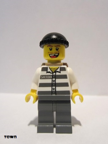 lego 2011 mini figurine cty0217 Police - Jail Prisoner 50380 Prison Stripes, Dark Bluish Gray Legs, Black Knit Cap, Missing Tooth, Backpack 