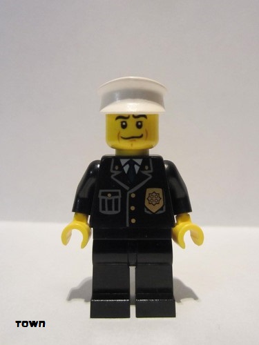 lego 2011 mini figurine cty0218 Police City Suit with Blue Tie and Badge, Black Legs, Black Eyebrows, White Hat 