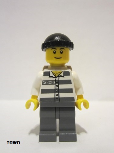 lego 2011 mini figurine cty0222a Police - Jail Prisoner 50380 Prison Stripes, Dark Bluish Gray Legs, Black Knit Cap, Black Eyebrows, Thin Grin, Backpack 
