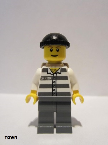 lego 2011 mini figurine cty0222b Police - Jail Prisoner 50380 Prison Stripes, Dark Bluish Gray Legs, Black Knit Cap, Reddish Brown Eyebrows, Thin Grin, Backpack 