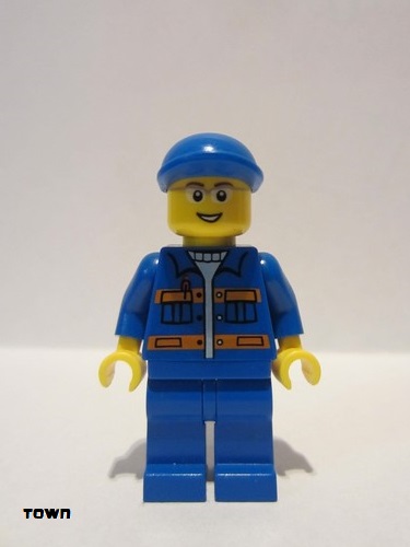 lego 2011 mini figurine cty0224 Citizen Blue Jacket with Pockets and Orange Stripes, Blue Legs, Blue Short Bill Cap, Glasses, Open Smile 