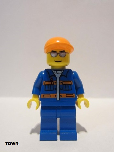 lego 2011 mini figurine cty0227 Citizen Blue Jacket with Pockets and Orange Stripes, Blue Legs, Orange Short Bill Cap, Silver Sunglasses 