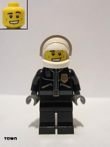 lego 2011 mini figurine cty0228 Police City Leather Jacket with Gold Badge and 'POLICE' on Back, White Helmet, Trans-Black Visor 