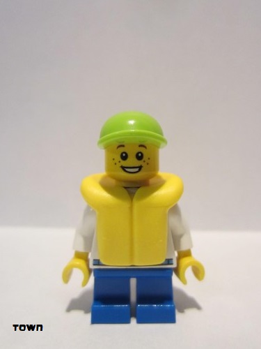 lego 2011 mini figurine cty0229 Citizen White Hoodie with Blue Pockets, Blue Short Legs, Lime Short Bill Cap, Life Jacket 