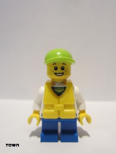 lego 2011 mini figurine cty0229a Citizen White Hoodie with Blue Pockets, Blue Short Legs, Lime Short Bill Cap, Life Jacket Center Buckle 