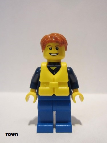 lego 2011 mini figurine cty0232a Citizen Plaid Button Shirt, Blue Legs, Dark Orange Short Tousled Hair, Life Jacket Center Buckle 