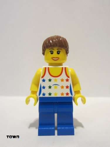 lego 2011 mini figurine cty0233 Citizen Shirt with Female Rainbow Stars Pattern, Blue Legs, Reddish Brown Ponytail Hair, Brown Eyebrows 