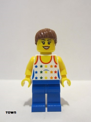 lego 2011 mini figurine cty0233a Citizen Shirt with Female Rainbow Stars Pattern, Blue Legs, Reddish Brown Ponytail Hair, Black Eyebrows 