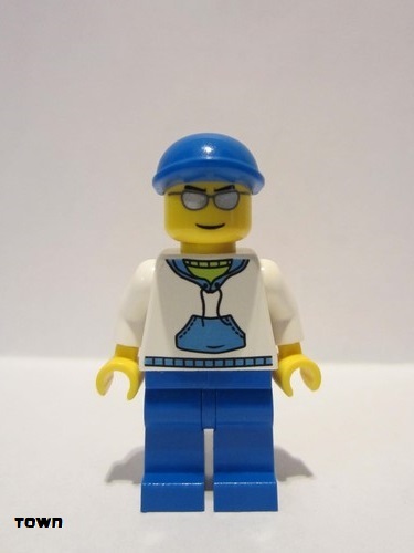lego 2011 mini figurine cty0234 Citizen White Hoodie with Blue Pockets, Blue Legs, Blue Short Bill Cap 
