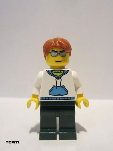 lego 2011 mini figurine cty0240 Citizen White Hoodie with Blue Pockets, Dark Green Legs, Dark Orange Short Tousled Hair 