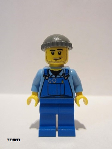 lego 2011 mini figurine cty0247 Citizen Overalls with Tools in Pocket Blue, Dark Bluish Gray Knit Cap 