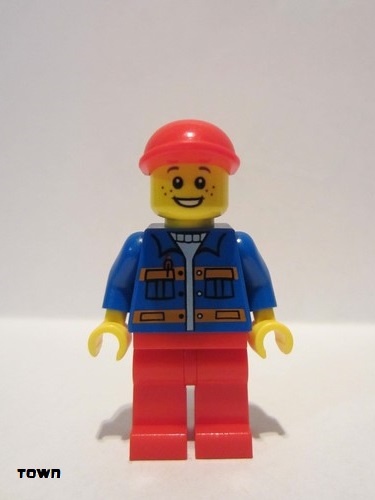 lego 2011 mini figurine cty0248 Citizen Blue Jacket with Pockets and Orange Stripes, Red Legs, Red Short Bill Cap 