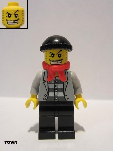 lego 2011 mini figurine cty0254 Police - Jail Prisoner Jacket over Prison Stripes, Black Legs, Black Knit Cap, Gold Tooth, Bandana 