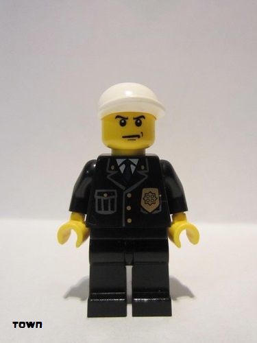 lego 2011 mini figurine cty0255 Police City Suit with Blue Tie and Badge, Black Legs, White Short Bill Cap, Scowl 