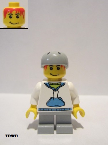 lego 2011 mini figurine cty0285 Citizen White Hoodie with Blue Pockets, Light Bluish Gray Short Legs, Light Bluish Gray Sports Helmet 
