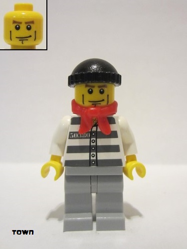 lego 2011 mini figurine cty0297 Police - Jail Prisoner 50380 Prison Stripes, Light Bluish Gray Legs, Black Knit Cap, Bandana 