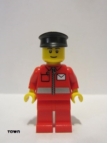 lego 2011 mini figurine post010a Postman White Envelope and Stripe, Red Legs, Black Hat, Black Eyebrows 