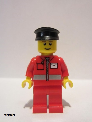 lego 2011 mini figurine post010b Postman Post Office White Envelope and Stripe, Red Legs, Black Hat 