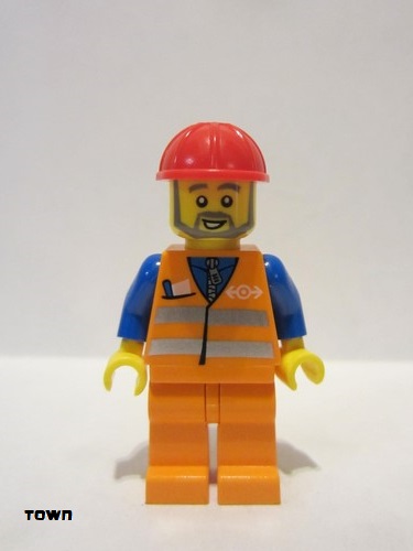 lego 2011 mini figurine trn229 Citizen Orange Vest with Safety Stripes - Orange Legs, Red Construction Helmet, Gray Beard 