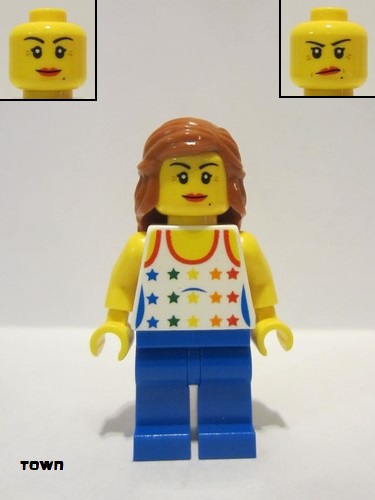 lego 2011 mini figurine twn129 Citizen Shirt with Female Rainbow Stars Pattern, Blue Legs, Dark Orange Female Hair Mid-Length 