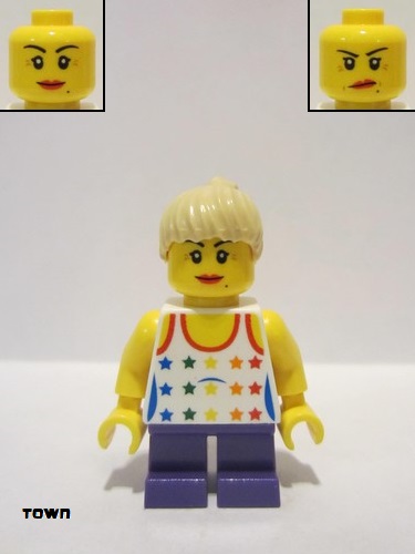 lego 2011 mini figurine twn130 Citizen Shirt with Female Rainbow Stars Pattern, Dark Purple Short Legs, Tan Ponytail Hair 