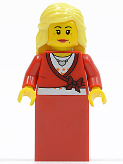 lego 2011 mini figurine twn134 Citizen Sweater Cropped with Bow, Heart Necklace, Red Skirt, Bright Light Yellow Female Hair Mid-Length 