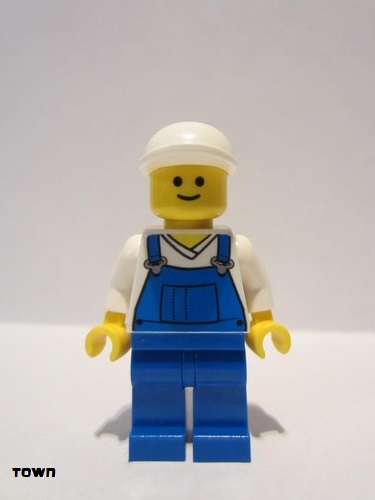 lego 2011 mini figurine twn138 Citizen Overalls Blue over V-Neck Shirt, Blue Legs, White Short Bill Cap 