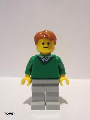 lego 2011 mini figurine twn140 Citizen Green V-Neck Sweater, Light Bluish Gray Legs, Dark Orange Short Tousled Hair 