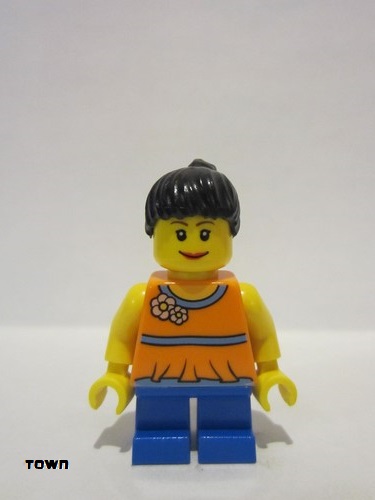 lego 2011 mini figurine twn142 Citizen Orange Halter Top with Medium Blue Trim and Flowers Pattern, Blue Short Legs, Black Ponytail Hair 