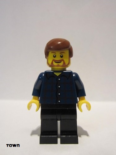 lego 2011 mini figurine twn150 Citizen Plaid Button Shirt, Black Legs, Reddish Brown Male Hair, Brown Beard Rounded 