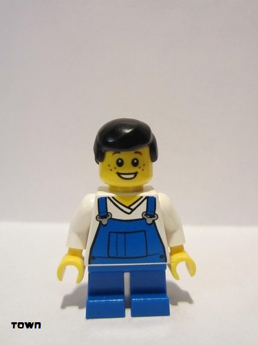 lego 2011 mini figurine twn151 Citizen Overalls Blue over V-Neck Shirt, Blue Short Legs, Black Male Hair 