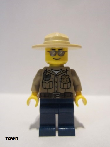 lego 2012 mini figurine cty0260 Forest Police Dark Tan Shirt with Pockets, Radio and Gold Badge, Dark Blue Legs, Campaign Hat, Silver Sunglasses 
