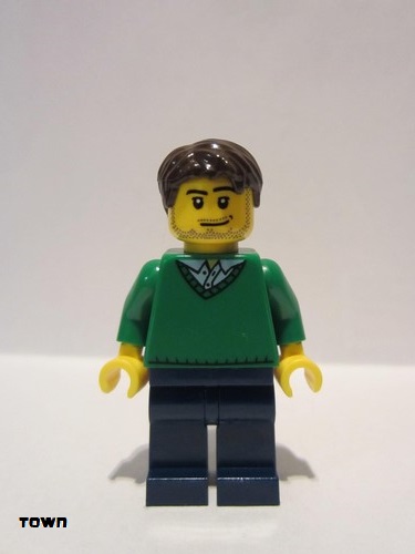 lego 2012 mini figurine cty0261 Citizen Green V-Neck Sweater, Dark Blue Legs, Dark Brown Short Tousled Hair, Smirk and Stubble Beard 