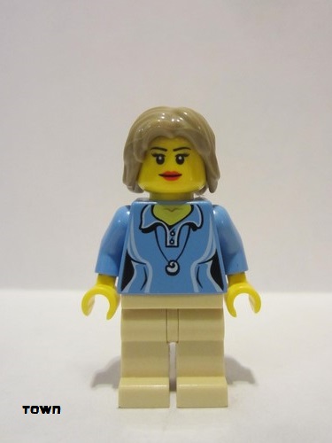 lego 2012 mini figurine cty0262 Citizen Medium Blue Female Shirt with Two Buttons and Shell Pendant, Tan Legs, Dark Tan Mid-Length Tousled Hair 