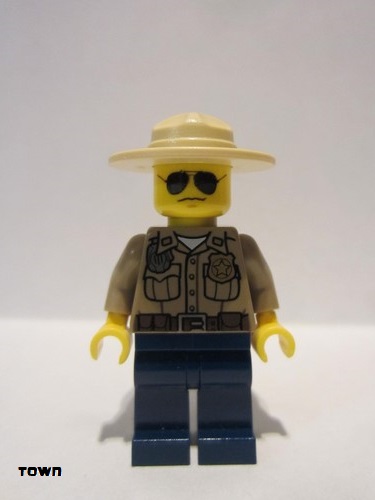 lego 2012 mini figurine cty0264 Forest Police Dark Tan Shirt with Pockets, Radio and Gold Badge, Dark Blue Legs, Campaign Hat, Black and Silver Sunglasses 