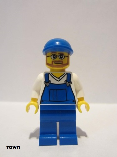lego 2012 mini figurine cty0268 Citizen Overalls Blue over V-Neck Shirt, Blue Legs, Blue Short Bill Cap, Beard and Glasses 