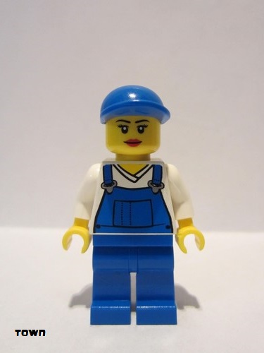 lego 2012 mini figurine cty0269 Citizen Overalls Blue over V-Neck Shirt, Blue Legs, Blue Short Bill Cap, Eyelashes and Smile 